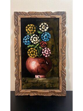 MCM Mexican Still life velvet painting in wood carved frame